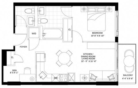 Floor plan for 1 bed, 1 bath, 456 sqft